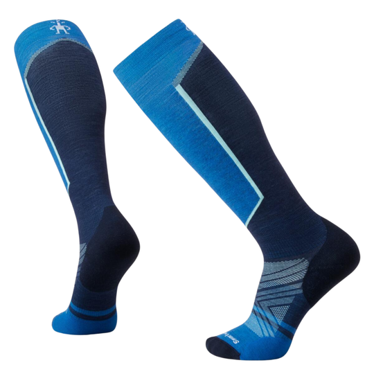 Pair of blue and navy knee-high socks on a white background