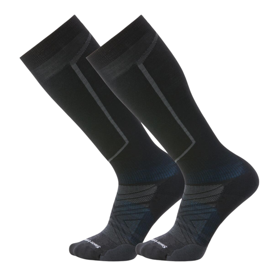Pair of black and gray ski socks on a white background