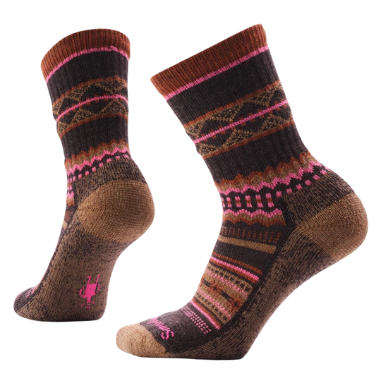 Pair of patterned socks with brown, pink, and purple colors on a white background