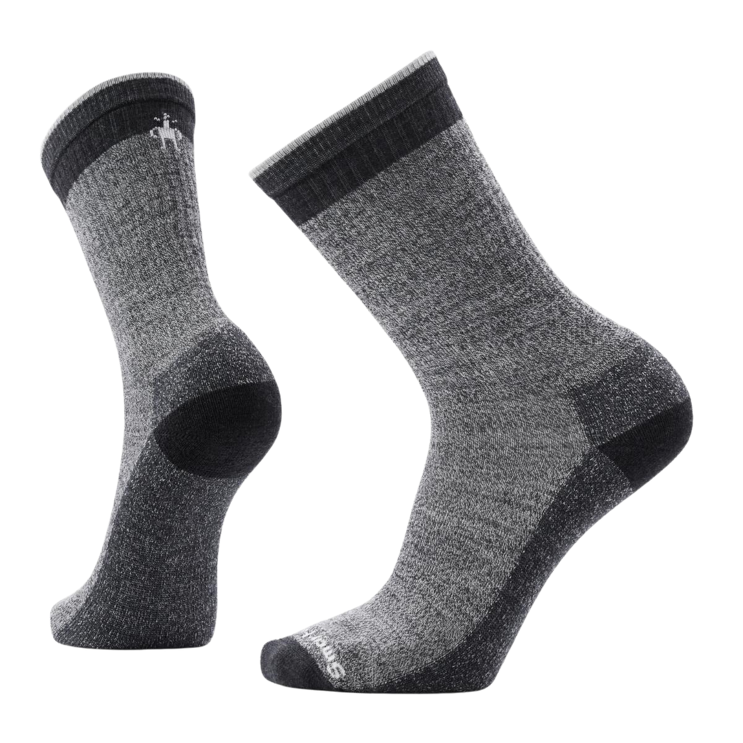 Pair of gray socks with black accents on a white background