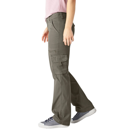 Dickies Women's Relaxed Fit Straight Leg Cargo Pants - Rinsed Grape Leaf on a female model on a white background