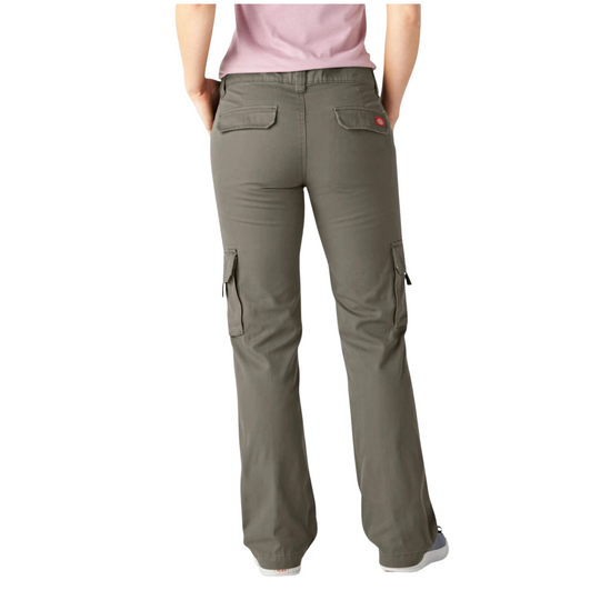 Dickies Women's Relaxed Fit Straight Leg Cargo Pants - Rinsed Grape Leaf on a female model on a white background
