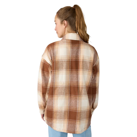 Dickies Women's Flannel Shacket - Cappuccino on a female model on a white background.