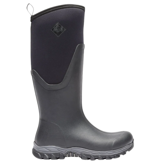 Black tall rubber boot with a rugged tread sole and pull loop at the top