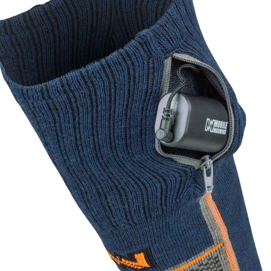 Mobile Warming Wool Blend Heated Socks - Grey on a white background. Showing the battery zip pocket.