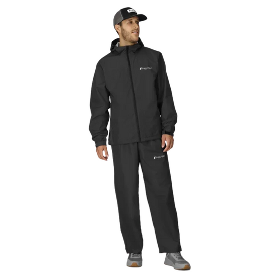 Frogg Toggs Men's Vapor Rain Suit - Black on a male model on a white background.