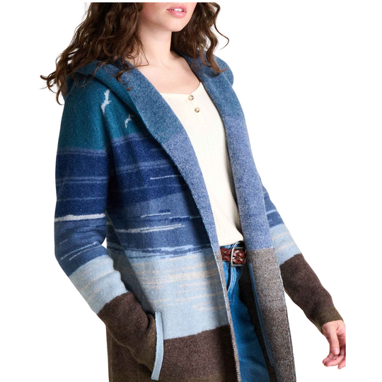 Toad & Co Women's Merino Heartfelt Hoodie - Twilight Pattern on a female model on a white background.