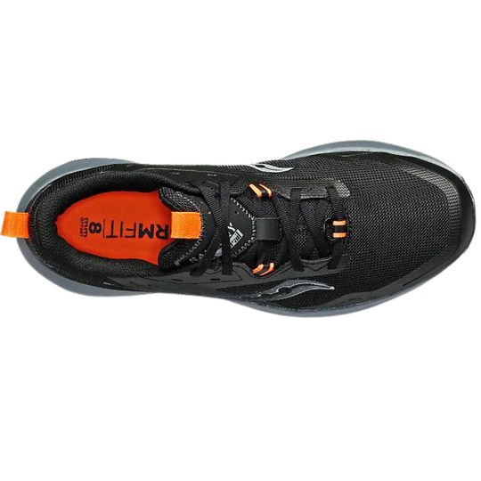 Black and gray running shoe with orange accents on a white background