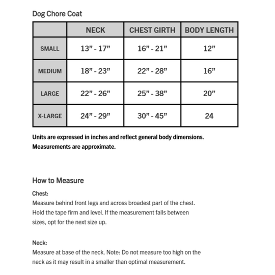 Measurement chart for dog chore coats with size categories, neck, chest girth, and body length dimensions.