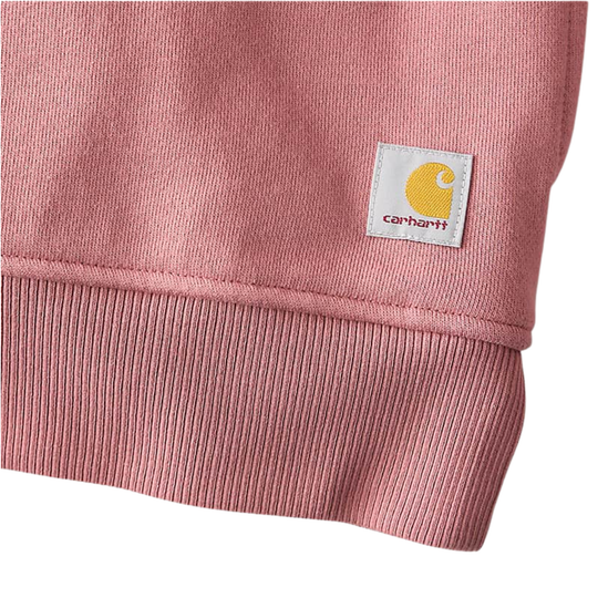 Pink ribbed sweatshirt hem with a Carhartt logo patch