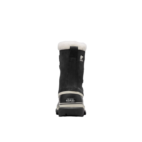 Black winter boot with white fur lining on a white background
