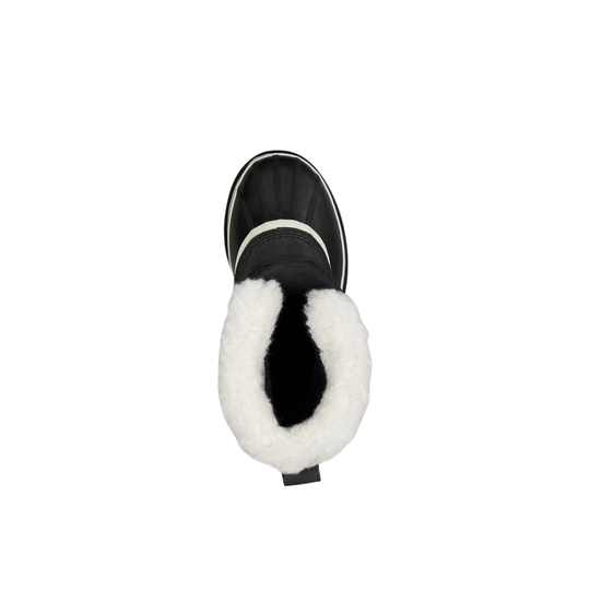 Black winter boot with white fur lining on a white background