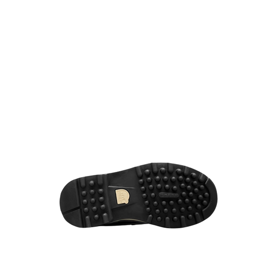Black shoe sole with a brand logo on a white background