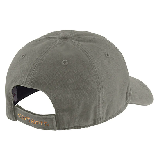 Back view of a gray baseball cap with orange Carhartt embroidery on the strap