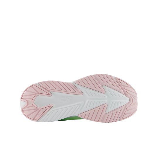 Close-up of a shoe sole with pink and white design on a white background