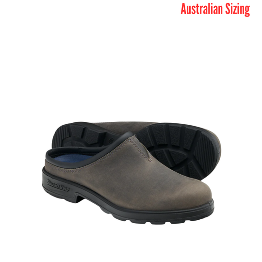 Pair of brown clogs with black soles on a white background, labeled 'Australian Sizing'.