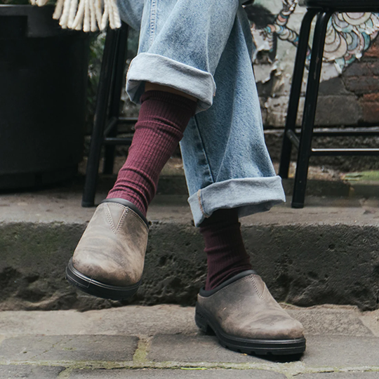 Person wearing brown shoes, rolled-up jeans, and maroon socks on a stone step.