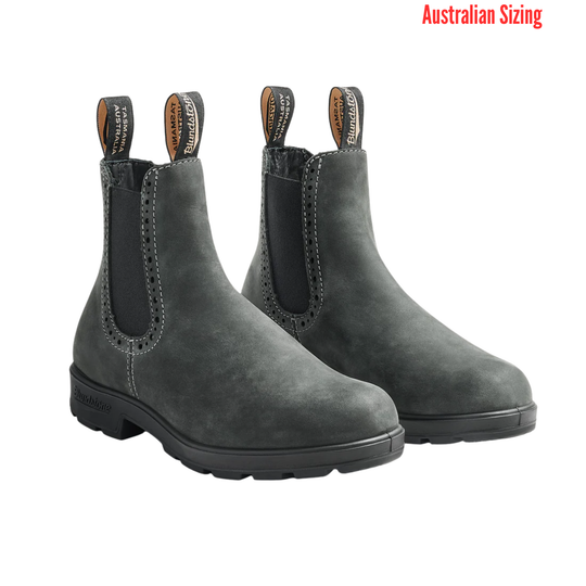 Pair of gray suede boots on a white background with 'Australian Sizing' text.