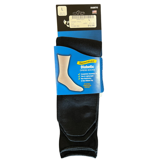 Black diabetic dress socks with packaging on a white background