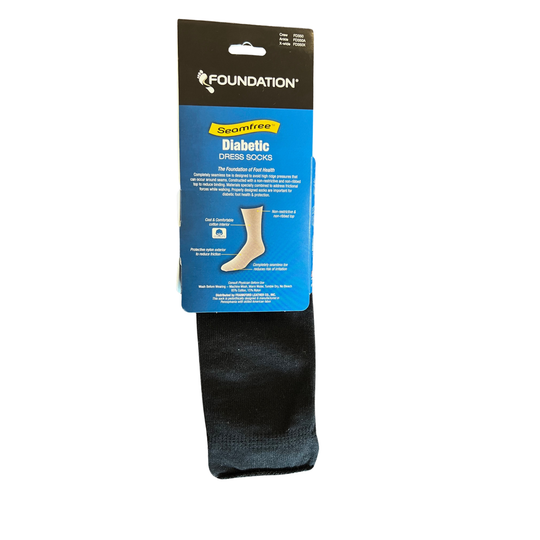 Black diabetic dress sock with packaging on a white background
