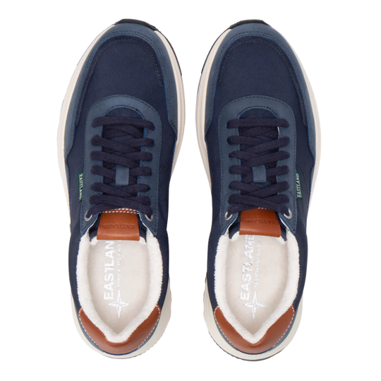 Pair of navy blue sneakers with brown accents on a white background
