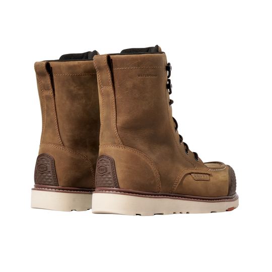 Pair of brown leather boots on a white background