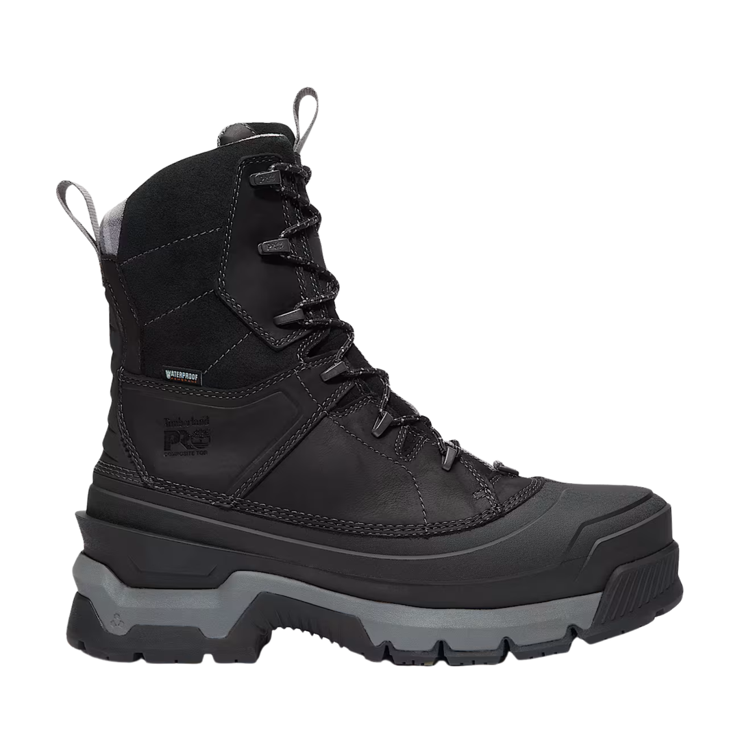 Black high-top boot with gray sole on a white background