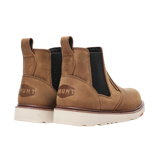 Pair of brown boots with a visible brand logo on a white background