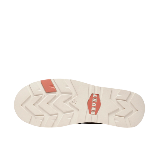 White boot outsole with coral BRUNT logo and embossed slip-resistant, oil-resistant, and non-marking text