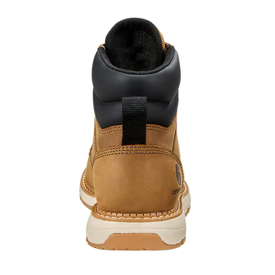 Back view of a tan and black boot on a white background