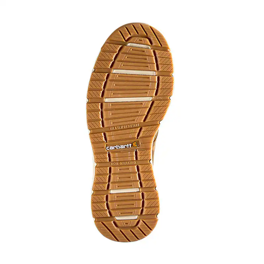 Tan boot outsole with tread pattern, Carhartt logo, and visible oil-slip resistant and non-marking text