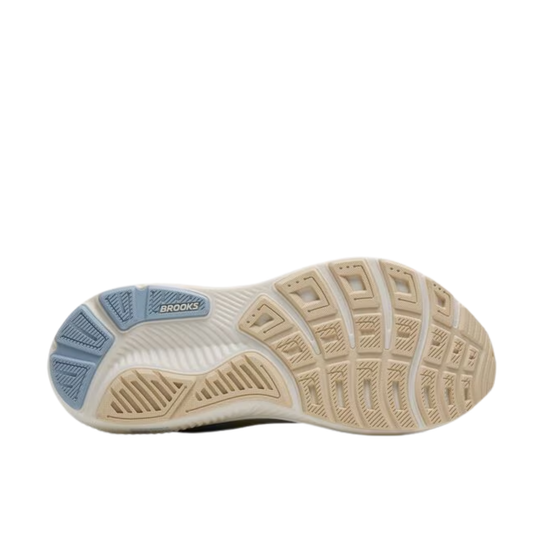 Sole of a running shoe with 'Brooks' branding on a white background