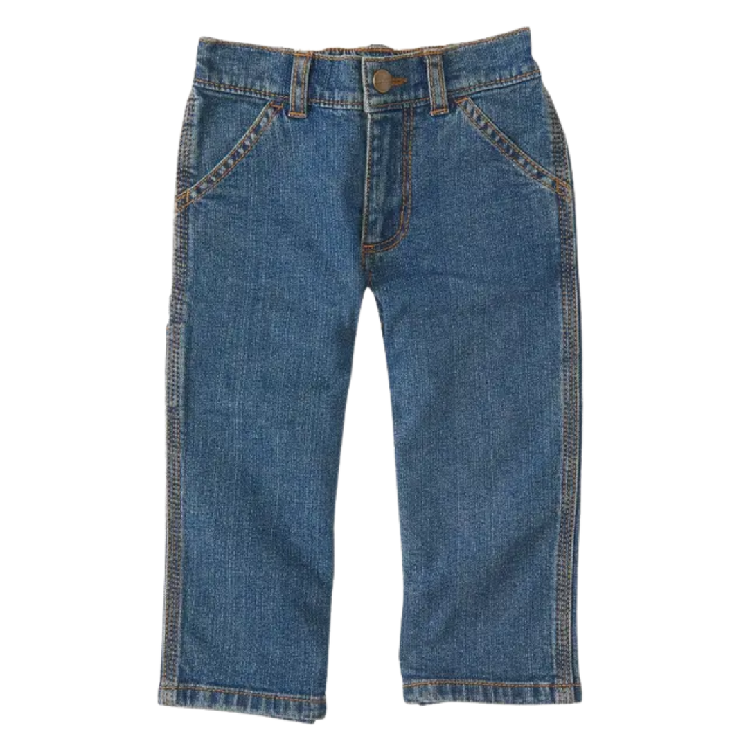 Blue denim baby jeans with front pockets, belt loops, and cuffed hems