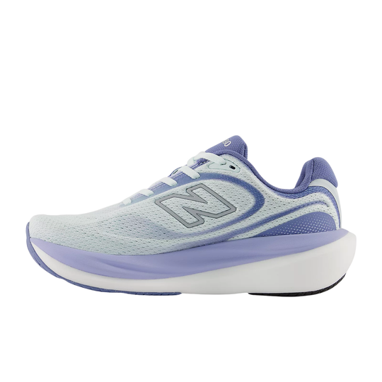 Light blue and purple running shoe with New Balance logo on a white background