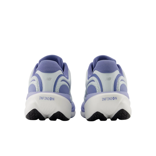 Pair of purple and white running shoes with 'INFINION' branding on a white background