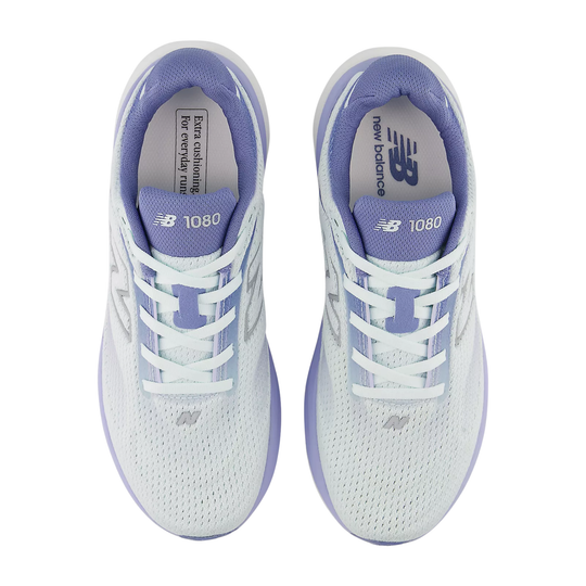 White and purple New Balance 1080 running shoes on a white background