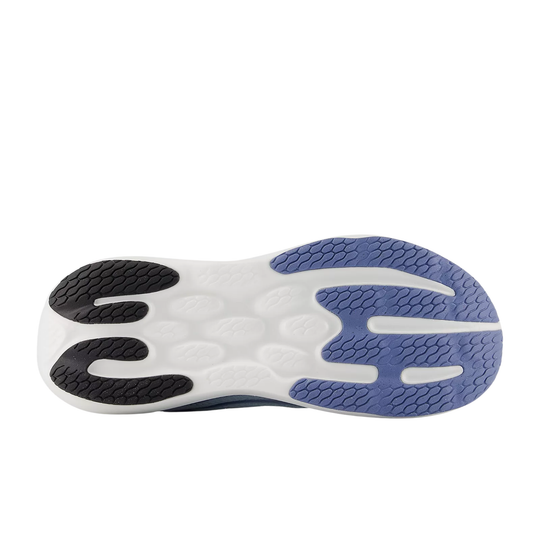 Close-up of a shoe sole with white and blue design on a white background