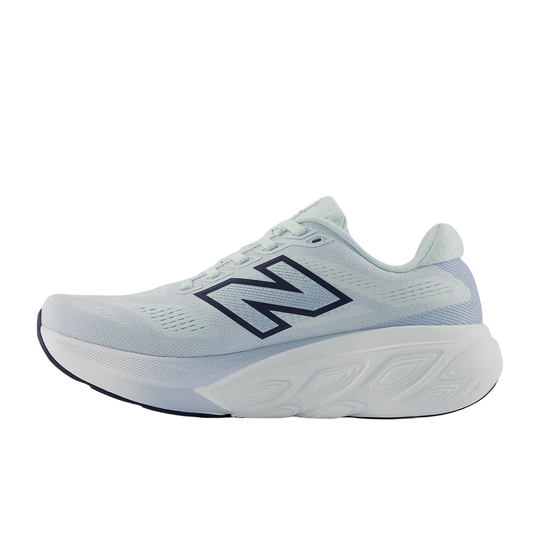 Light blue and white running shoe with a dark New Balance logo and thick white sole