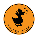 Logo with a duck silhouette and 'Save the Duck' text on an orange background