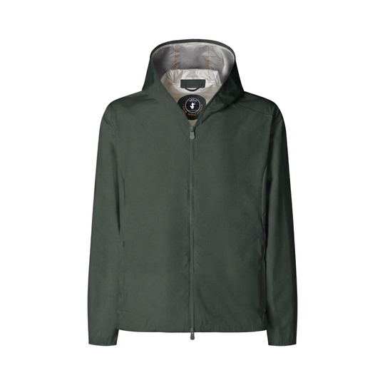 Navy blue raincoat with a hood on a light beige background
