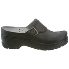 Black clog shoe with a buckle on a white background