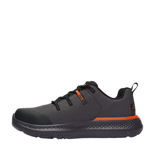 Black athletic shoe with orange accents on a white background