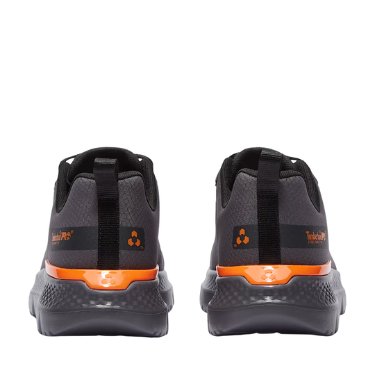 Pair of gray and orange athletic shoes on a white background