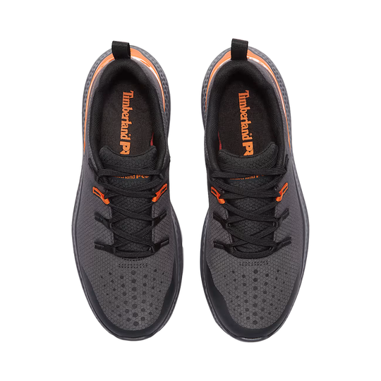 Gray sneakers with orange accents and Timberland logo on a white background