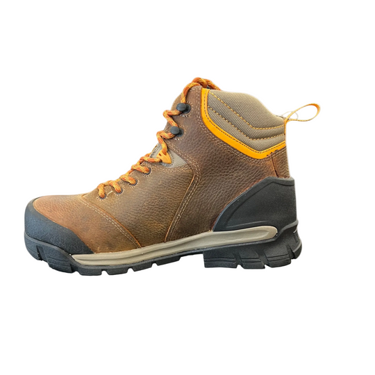 Brown hiking boot with orange accents on a white background