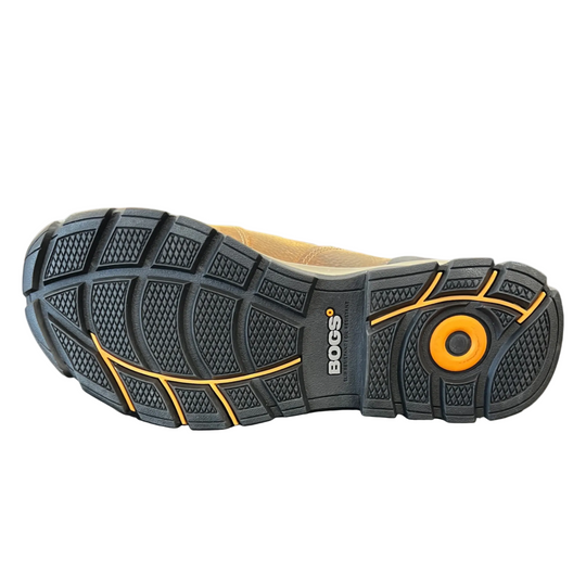 Black boot outsole with deep tread and orange accents, showing BOGS branding