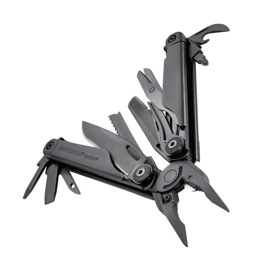 Black multi-tool with various components on a white background