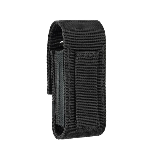 Black tactical magazine pouch on a white background
