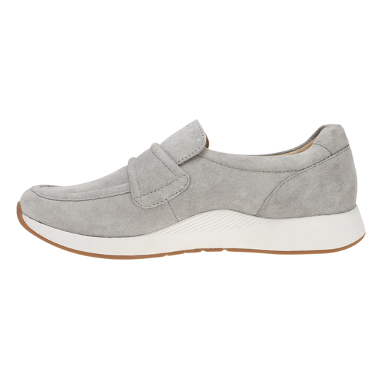 Gray slip-on shoe with a white sole on a white background