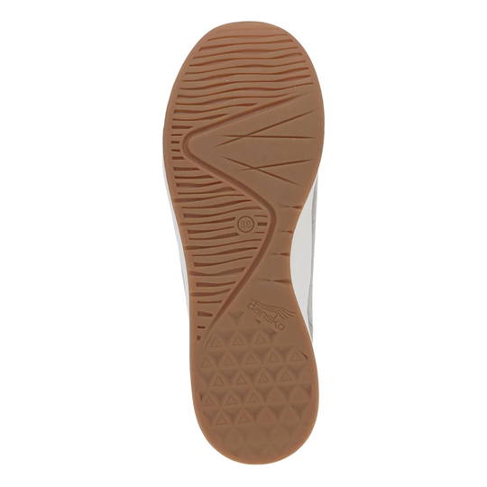 Brown sole of a shoe with a visible brand logo on a white background